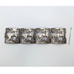 Statement mid-century hinged bracelet, Mexico sterling silver deer gazelle